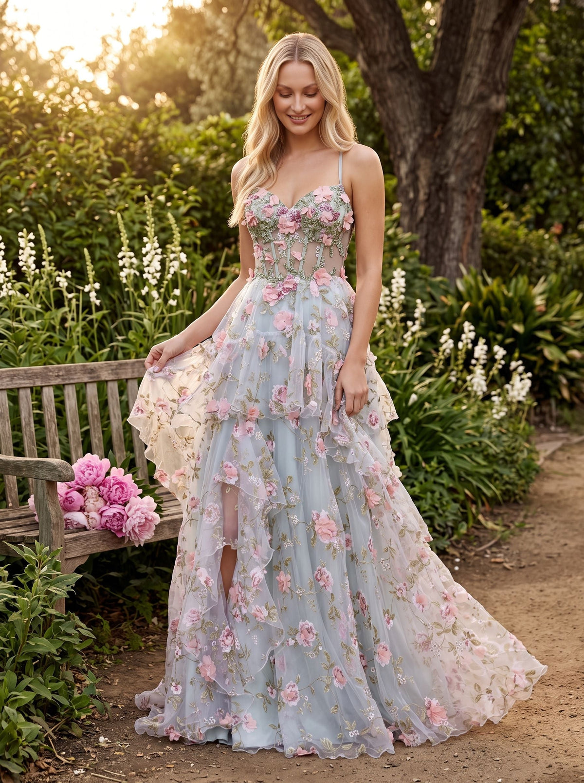Purple Floral Tulle A-Line Sweetheart Criss-Cross Straps Floor-Length Dress with 3D Appliques - Curvevia