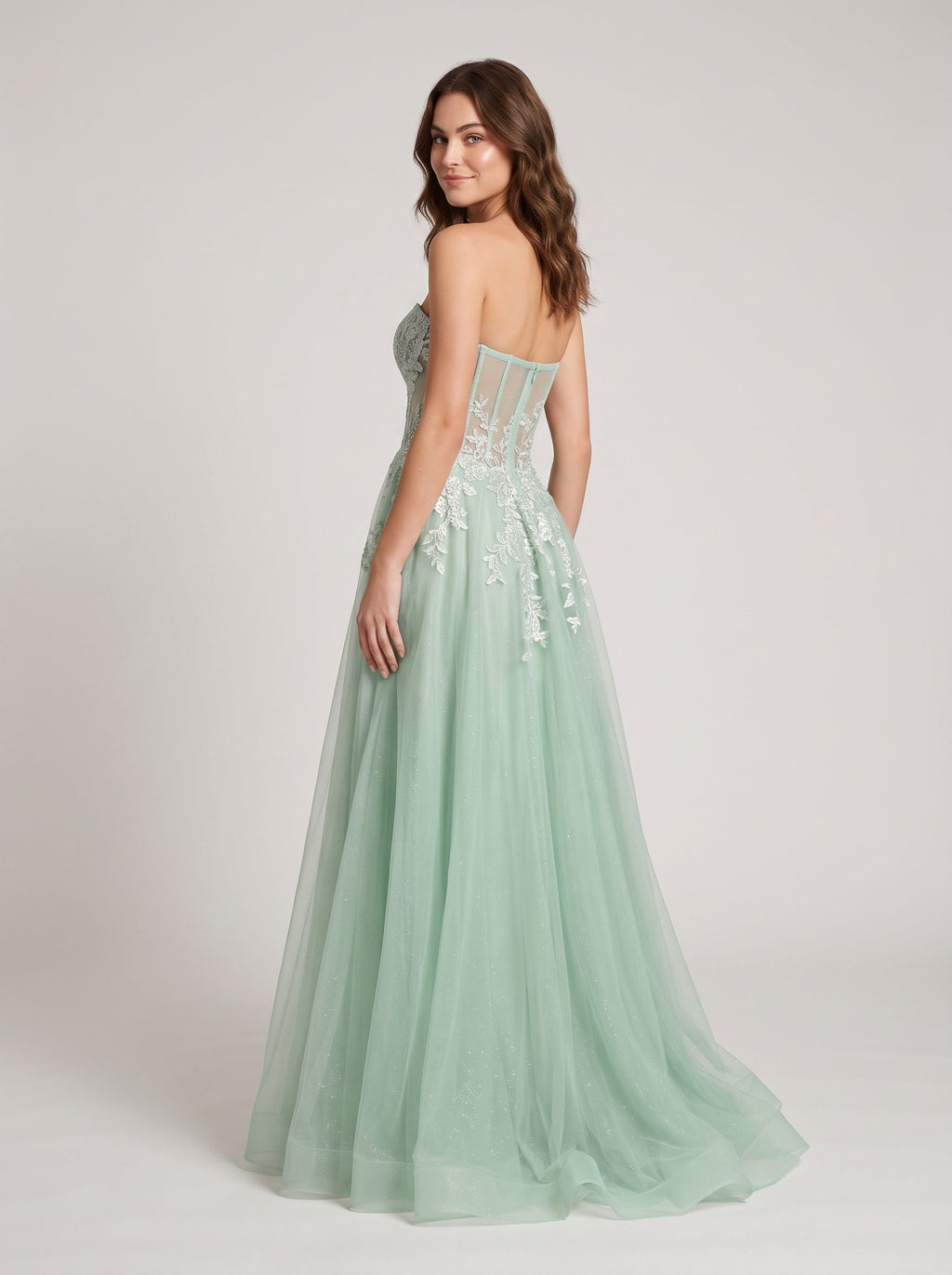 Mint Green Glitter Lace A-Line Sweetheart Corset Back Floor-Length Dress with Slit - Curvevia