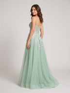 Mint Green Glitter Lace A-Line Sweetheart Corset Back Floor-Length Dress with Slit - Curvevia