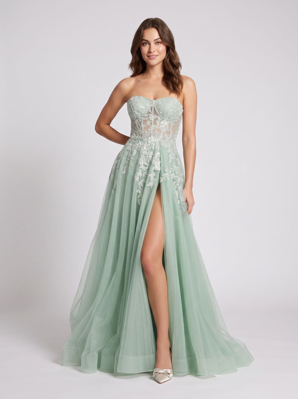 Mint Green Glitter Lace A-Line Sweetheart Corset Back Floor-Length Dress with Slit - Curvevia