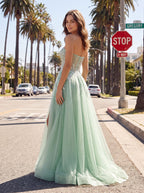 Mint Green Glitter Lace A-Line Sweetheart Corset Back Floor-Length Dress with Slit - Curvevia