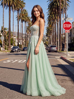 Mint Green Glitter Lace A-Line Sweetheart Corset Back Floor-Length Dress with Slit - Curvevia