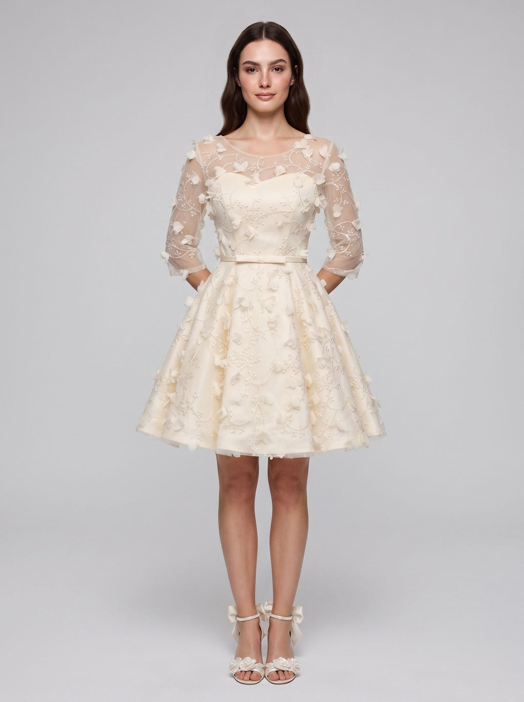 Ivory Lace A-Line Scoop Neck Criss-Cross Straps Short Dress with Floral Appliques - Curvevia