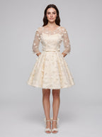 Ivory Lace A-Line Scoop Neck Criss-Cross Straps Short Dress with Floral Appliques - Curvevia