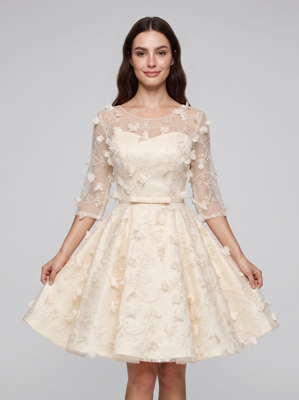 Ivory Lace A-Line Scoop Neck Criss-Cross Straps Short Dress with Floral Appliques - Curvevia