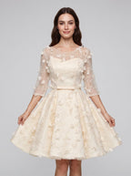 Ivory Lace A-Line Scoop Neck Criss-Cross Straps Short Dress with Floral Appliques - Curvevia