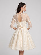 Ivory Lace A-Line Scoop Neck Criss-Cross Straps Short Dress with Floral Appliques - Curvevia