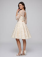 Ivory Lace A-Line Scoop Neck Criss-Cross Straps Short Dress with Floral Appliques - Curvevia