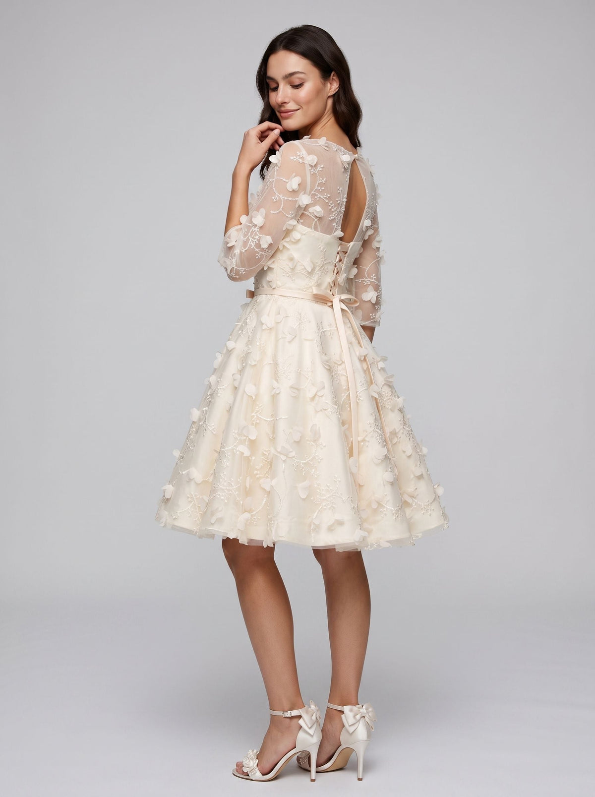 Ivory Lace A-Line Scoop Neck Criss-Cross Straps Short Dress with Floral Appliques - Curvevia