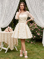 Ivory Lace A-Line Scoop Neck Criss-Cross Straps Short Dress with Floral Appliques - Curvevia
