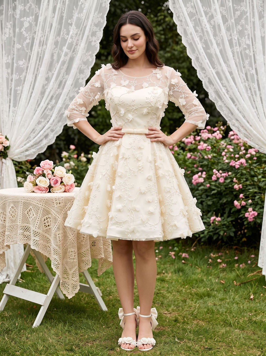 Ivory Lace A-Line Scoop Neck Criss-Cross Straps Short Dress with Floral Appliques - Curvevia