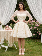 Ivory Lace A-Line Scoop Neck Criss-Cross Straps Short Dress with Floral Appliques - Curvevia