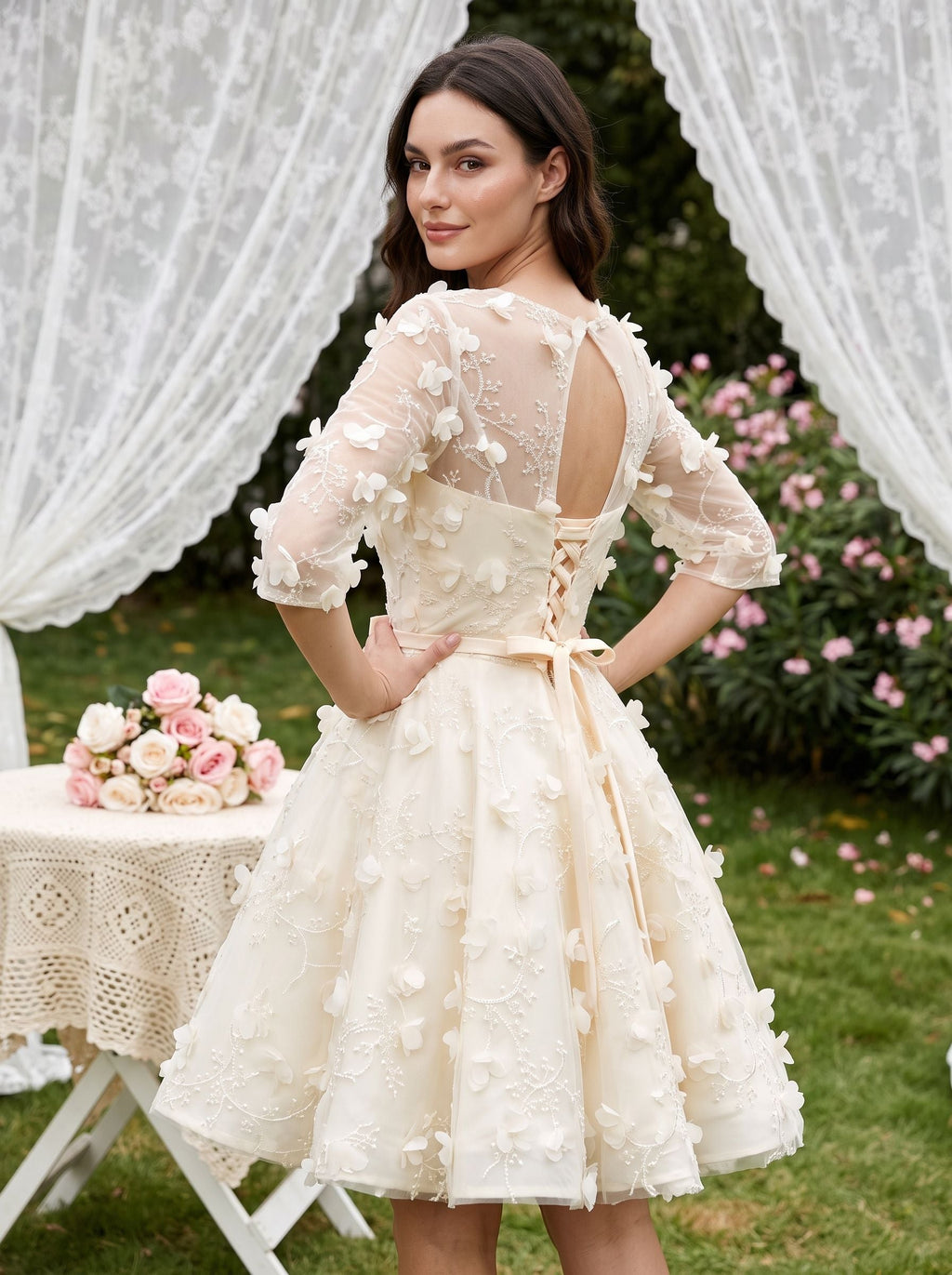 Ivory Lace A-Line Scoop Neck Criss-Cross Straps Short Dress with Floral Appliques - Curvevia