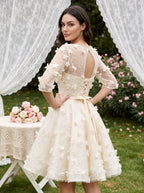 Ivory Lace A-Line Scoop Neck Criss-Cross Straps Short Dress with Floral Appliques - Curvevia