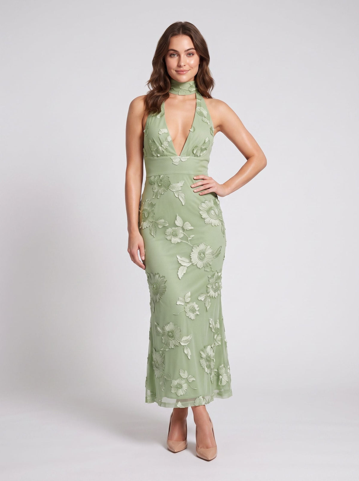 Dusty Sage Mesh Mermaid Halter neckline Back Zip Floor-Length Dress with Scarf - Curvevia