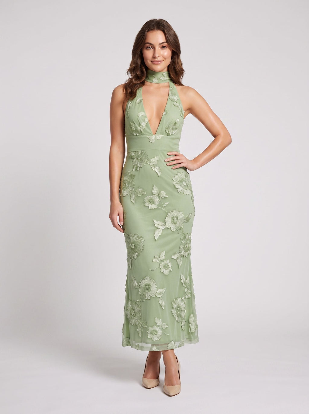 Dusty Sage Mesh Mermaid Halter neckline Back Zip Floor-Length Dress with Scarf - Curvevia