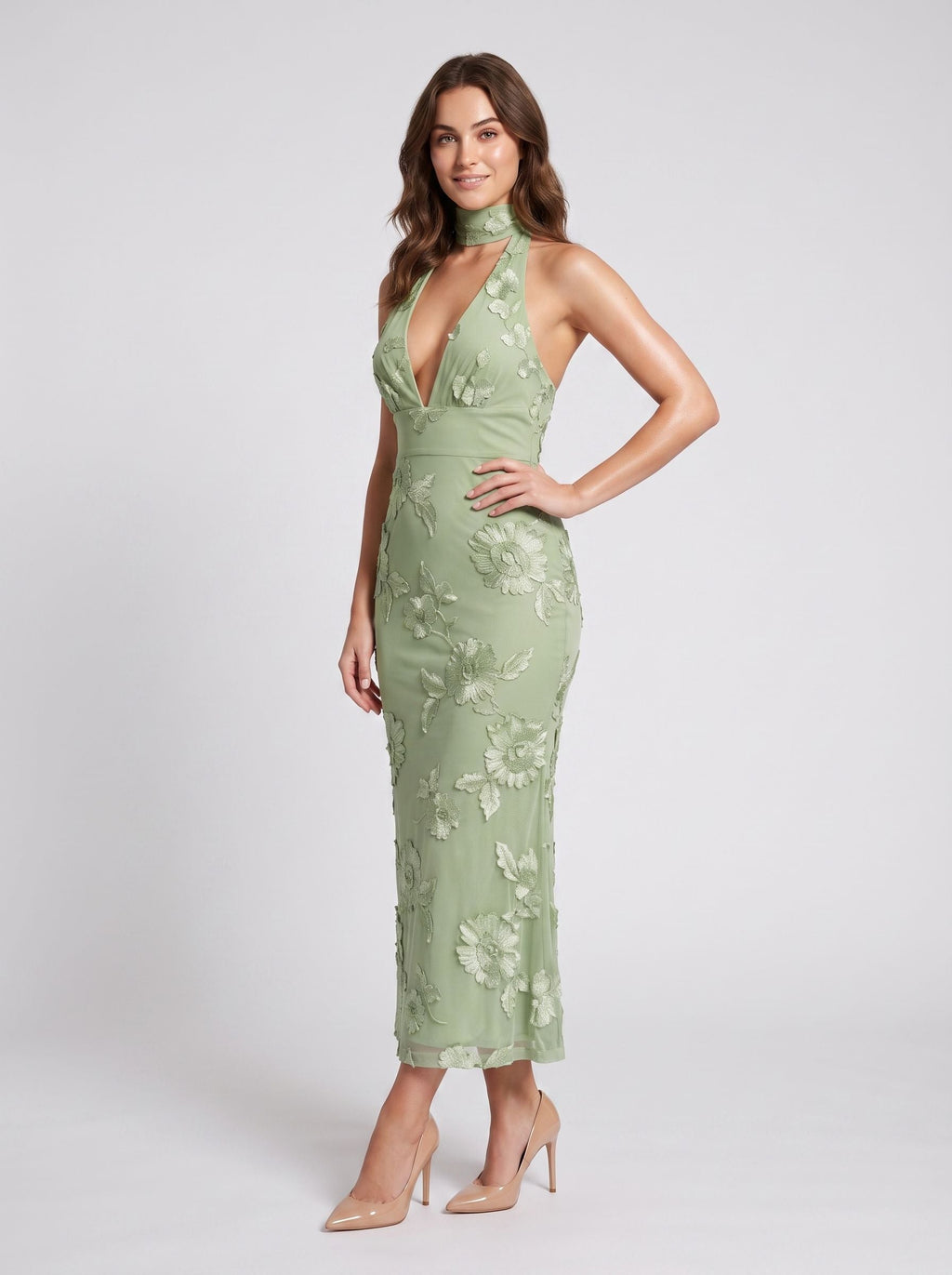 Dusty Sage Mesh Mermaid Halter neckline Back Zip Floor-Length Dress with Scarf - Curvevia