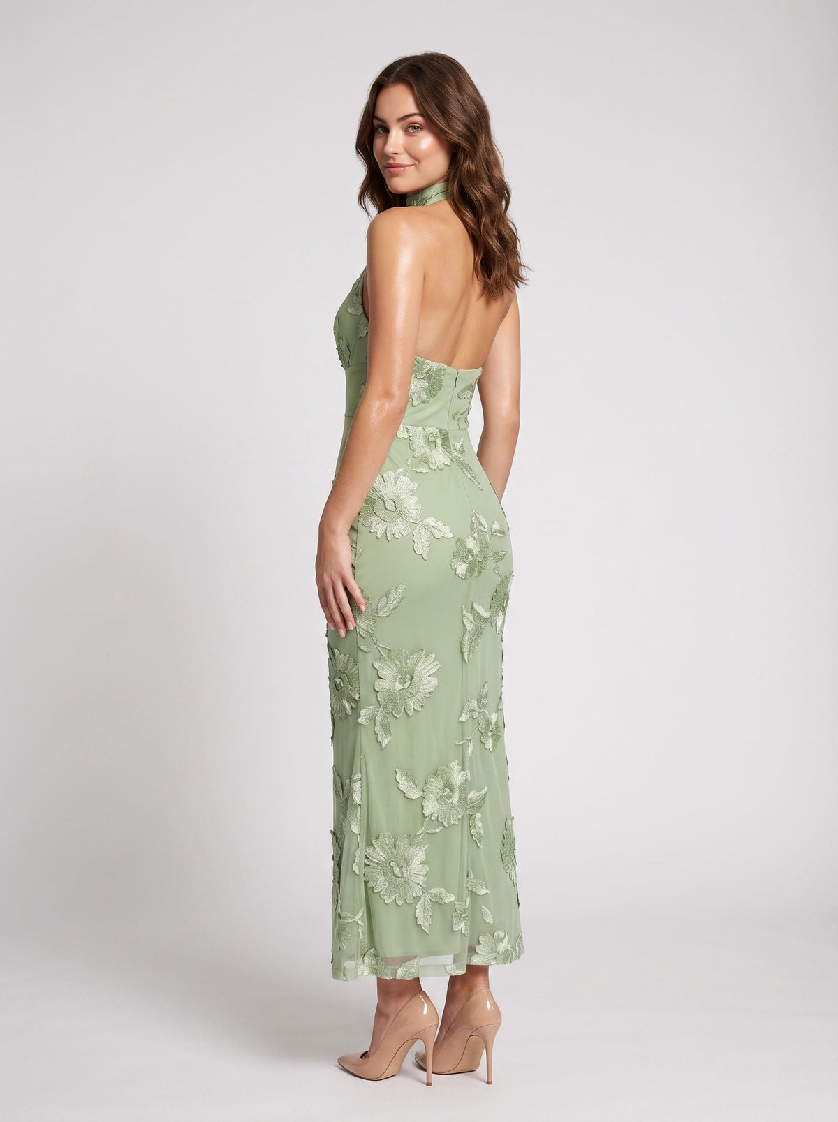 Dusty Sage Mesh Mermaid Halter neckline Back Zip Floor-Length Dress with Scarf - Curvevia