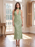 Dusty Sage Mesh Mermaid Halter neckline Back Zip Floor-Length Dress with Scarf - Curvevia