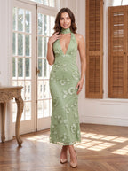 Dusty Sage Mesh Mermaid Halter neckline Back Zip Floor-Length Dress with Scarf - Curvevia