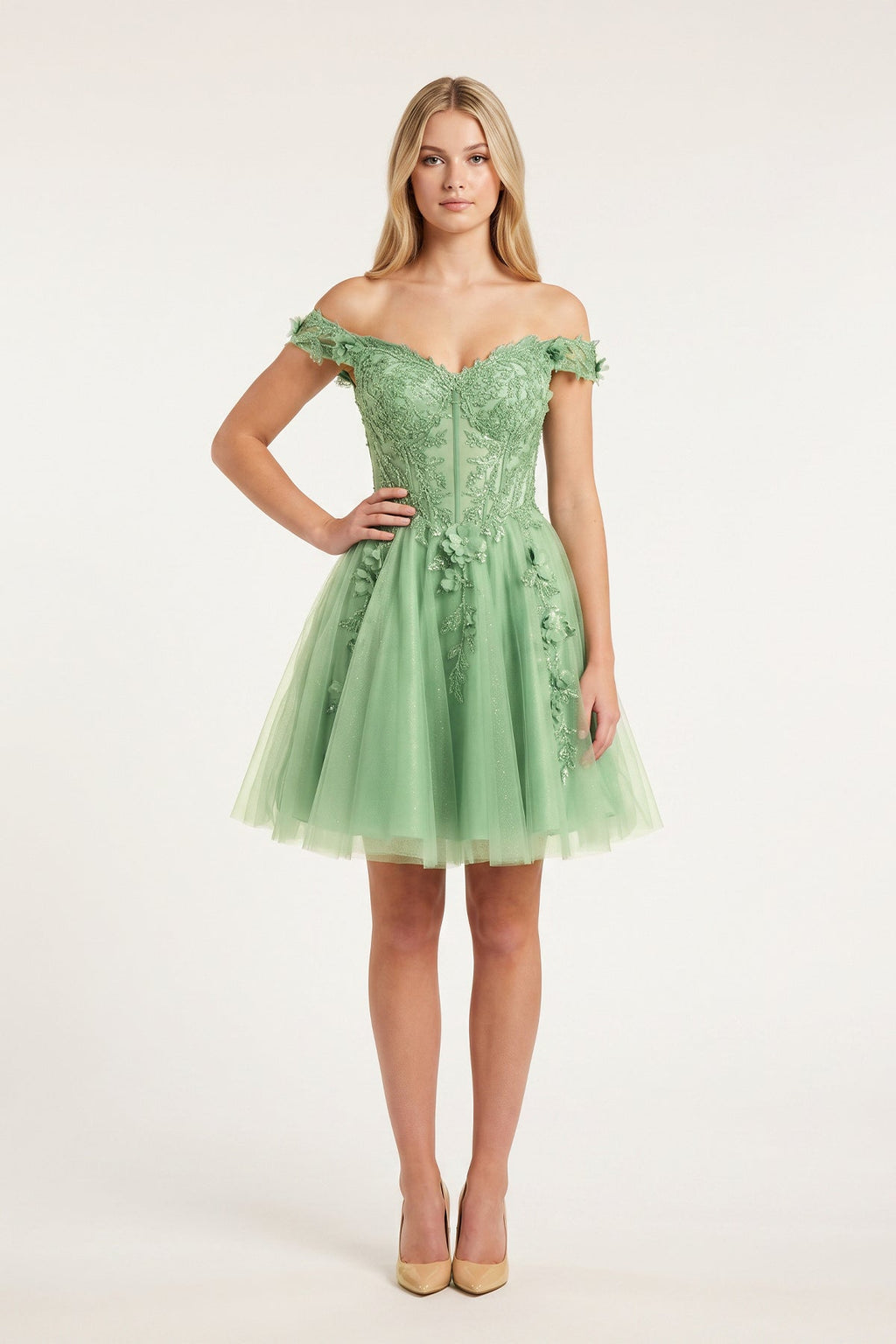 Green Off-the-Shoulder Beaded Appliques A-Line Wedding Guest Dress - Curvevia