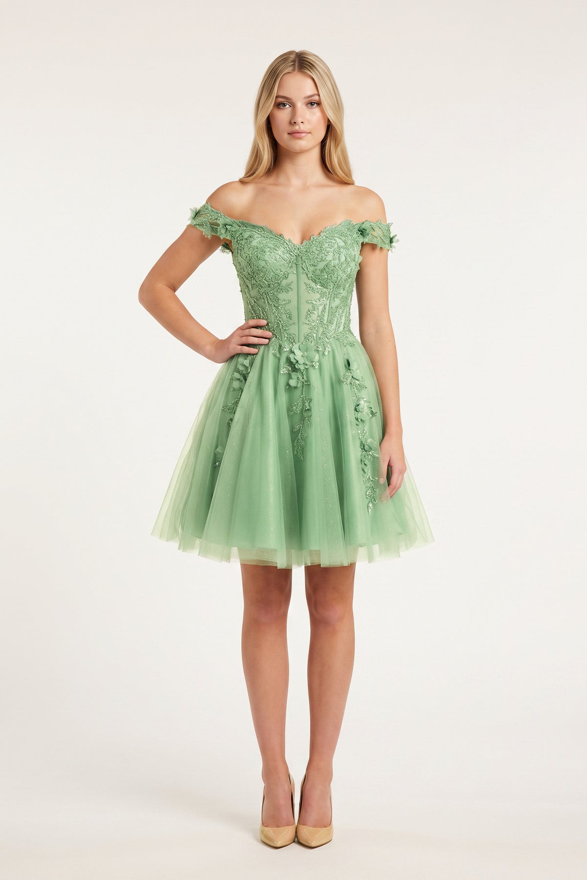 Green Off-the-Shoulder Beaded Appliques A-Line Wedding Guest Dress - Curvevia