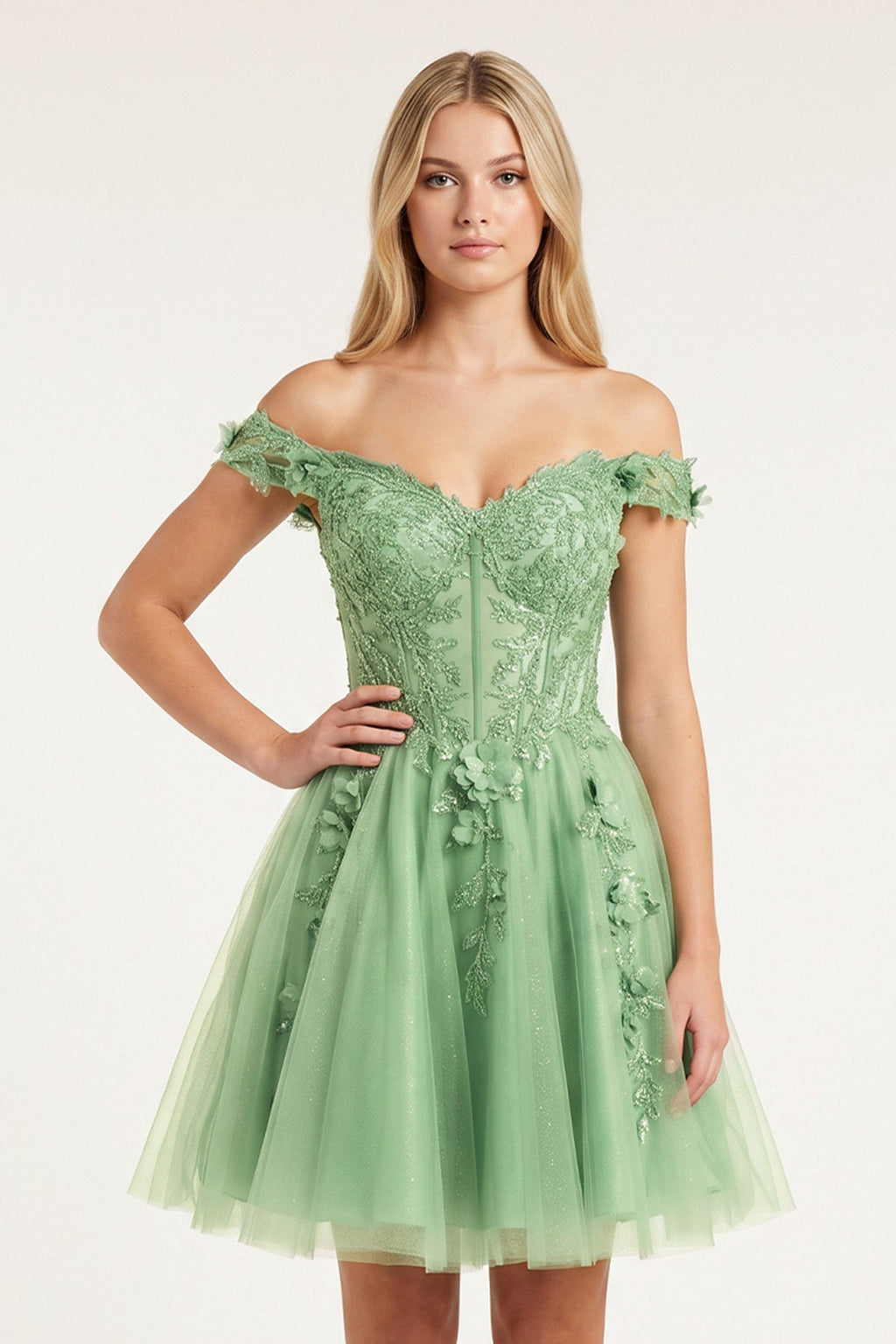 Green Off-the-Shoulder Beaded Appliques A-Line Wedding Guest Dress - Curvevia