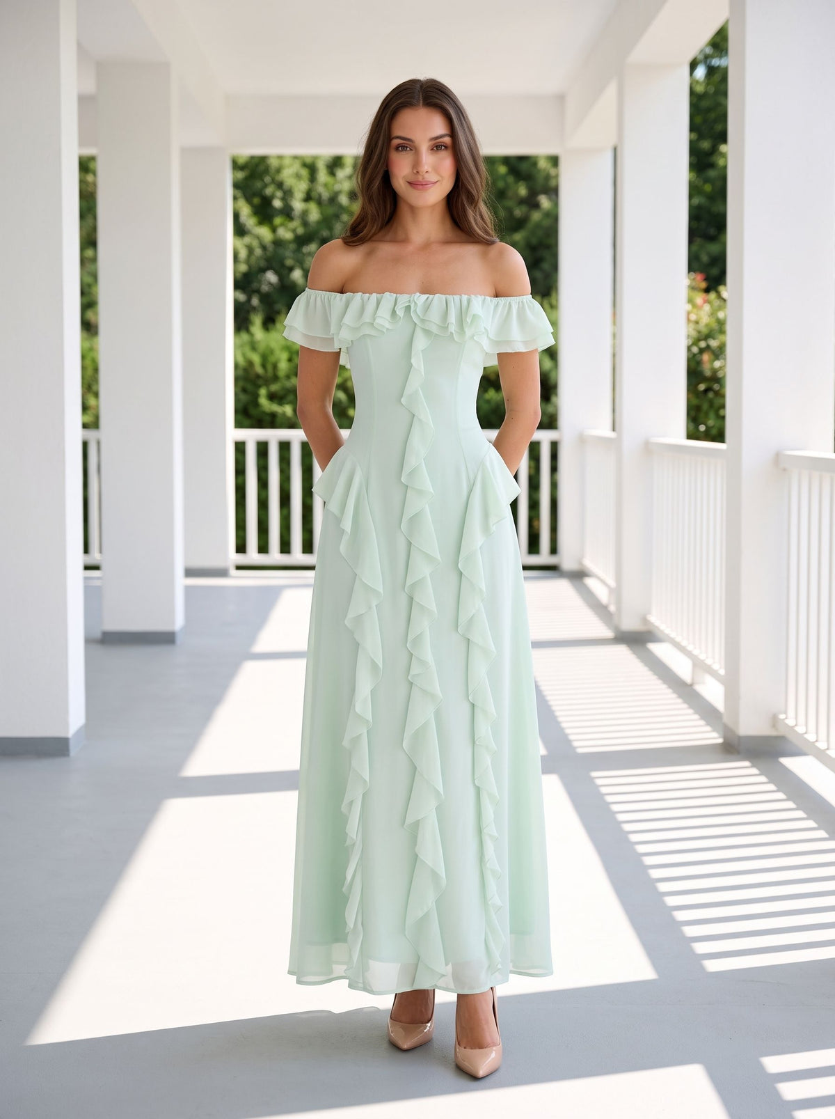 Mint Green Chiffon A-Line Off-the-Shoulder Back Zip Floor-Length Dress with Ruffled Neckline - Curvevia