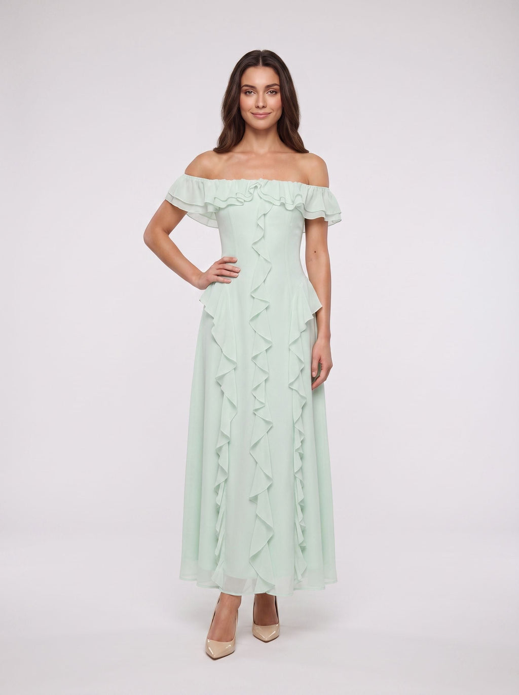 Mint Green Chiffon A-Line Off-the-Shoulder Back Zip Floor-Length Dress with Ruffled Neckline - Curvevia