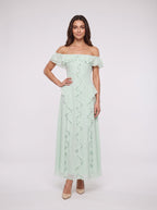 Mint Green Chiffon A-Line Off-the-Shoulder Back Zip Floor-Length Dress with Ruffled Neckline - Curvevia