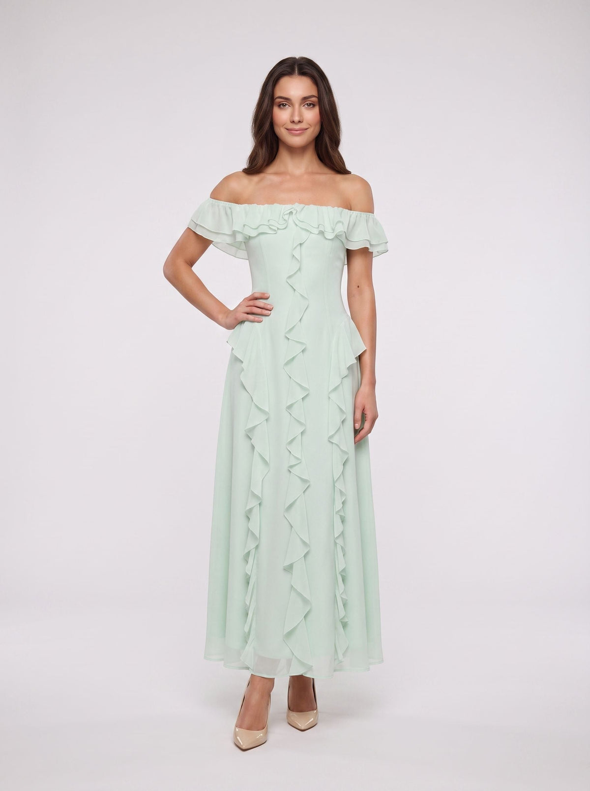 Mint Green Chiffon A-Line Off-the-Shoulder Back Zip Floor-Length Dress with Ruffled Neckline - Curvevia