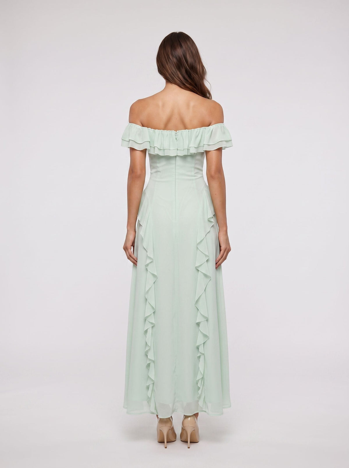 Mint Green Chiffon A-Line Off-the-Shoulder Back Zip Floor-Length Dress with Ruffled Neckline - Curvevia