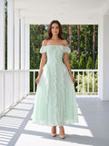 Mint Green Chiffon A-Line Off-the-Shoulder Back Zip Floor-Length Dress with Ruffled Neckline - Curvevia