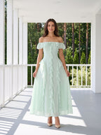 Mint Green Chiffon A-Line Off-the-Shoulder Back Zip Floor-Length Dress with Ruffled Neckline - Curvevia
