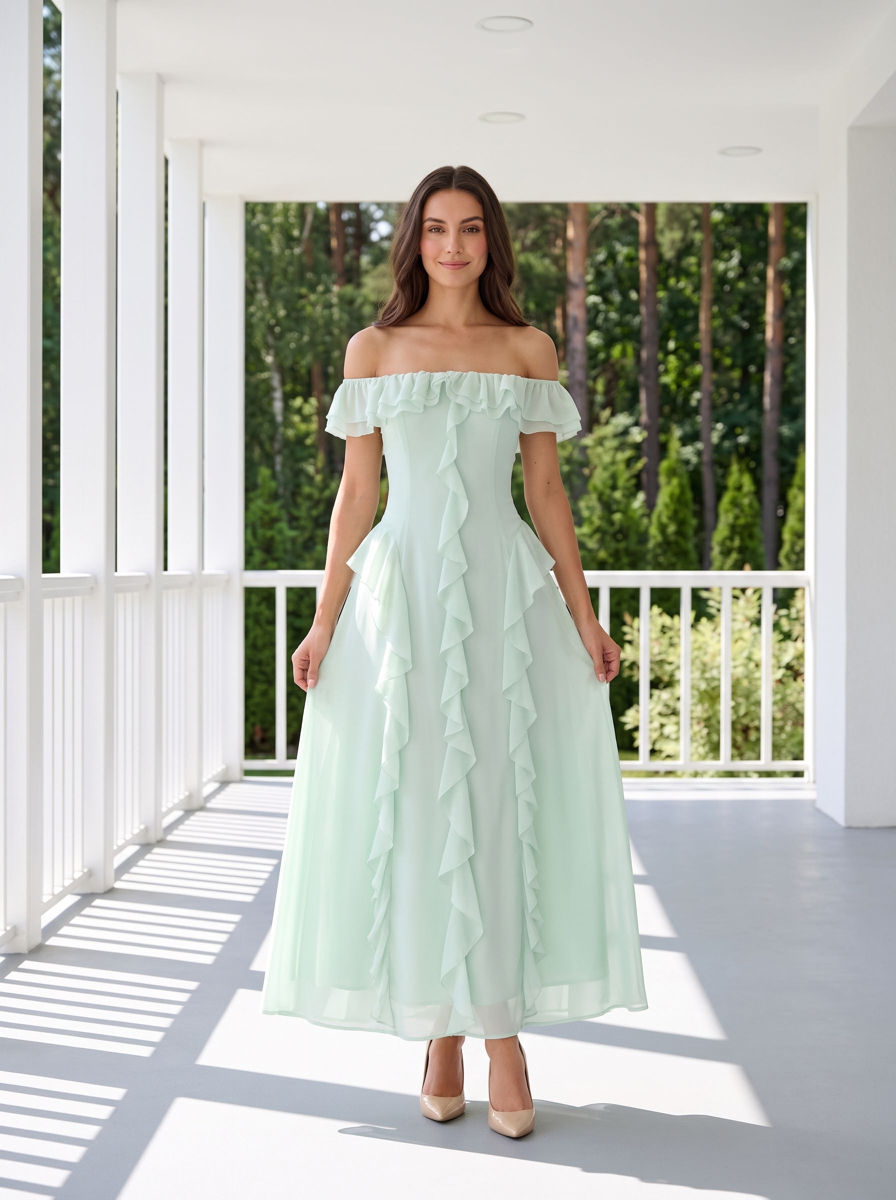 Mint Green Chiffon A-Line Off-the-Shoulder Back Zip Floor-Length Dress with Ruffled Neckline - Curvevia