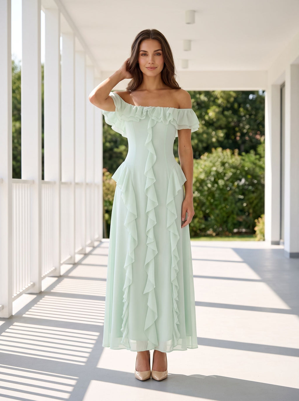 Mint Green Chiffon A-Line Off-the-Shoulder Back Zip Floor-Length Dress with Ruffled Neckline - Curvevia