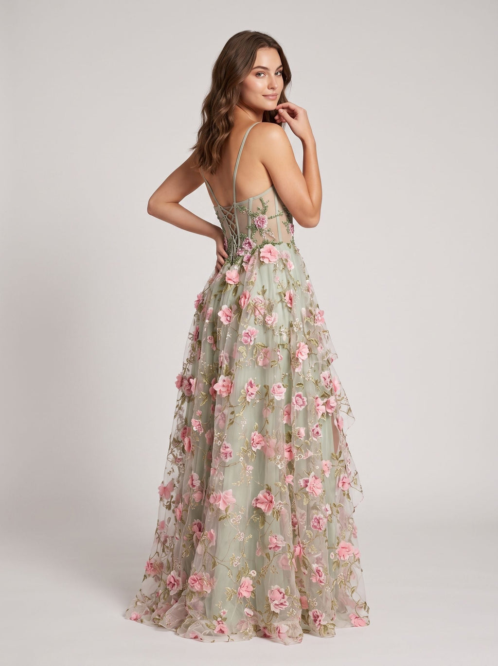 Sage Green Tulle A-Line Sweetheart Lace-up Floor-Length Dress with Sheer Corset - Curvevia