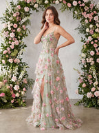 Sage Green Tulle A-Line Sweetheart Lace-up Floor-Length Dress with Sheer Corset - Curvevia