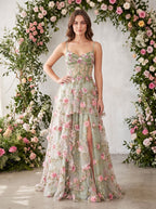 Sage Green Tulle A-Line Sweetheart Lace-up Floor-Length Dress with Sheer Corset - Curvevia