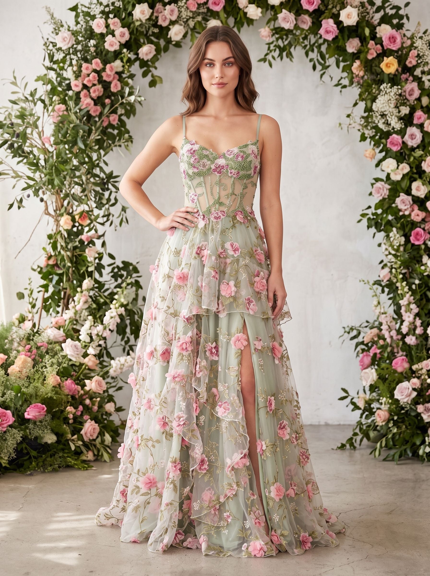 Sage Green Tulle A-Line Sweetheart Lace-up Floor-Length Dress with Sheer Corset - Curvevia
