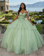 Sage Green Off The Shoulder Tulle Beaded Quinceanera Dress With Bow - Curvevia