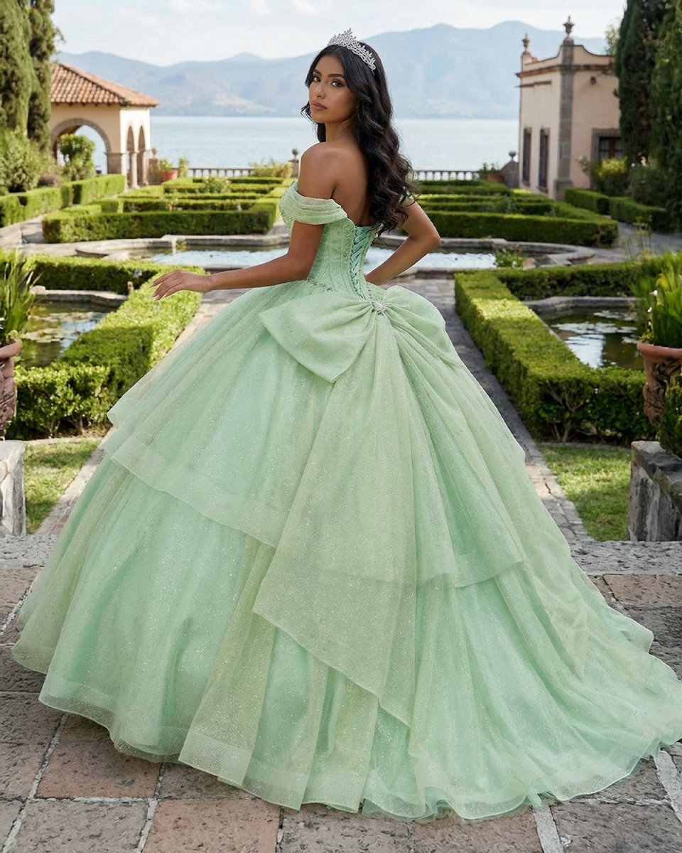 Sage Green Off The Shoulder Tulle Beaded Quinceanera Dress With Bow - Curvevia