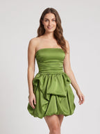 Sage Green Satin A-Line Straight Neck Back Zip Short Dress with Pleated Bodice - Curvevia