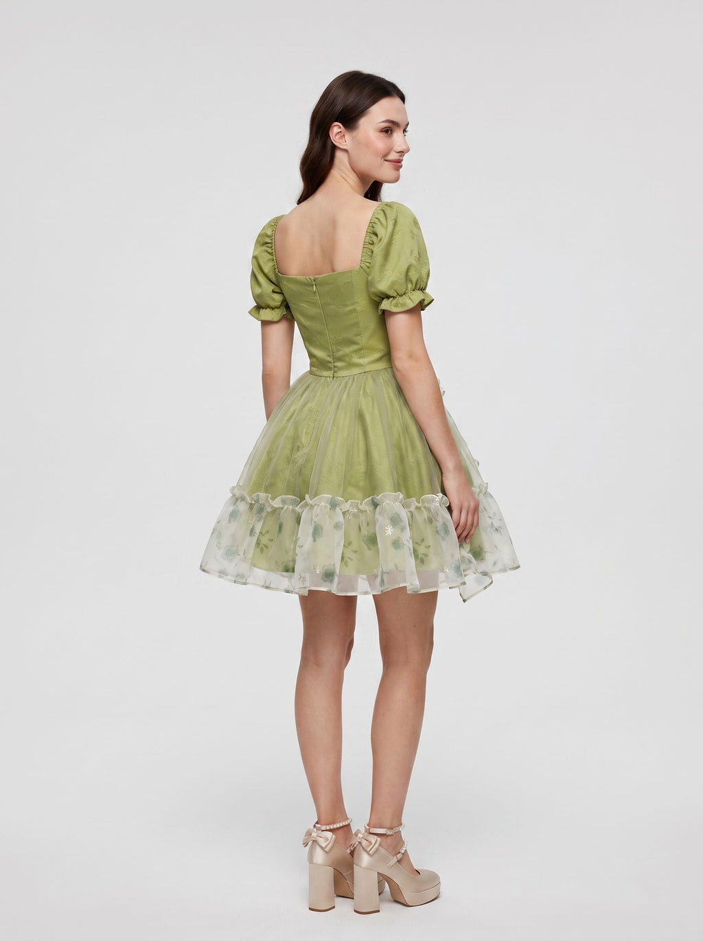 Sage Green Satin A-Line Scoop Neck Back Zip Short Dress with Ruffled Sleeves - Curvevia