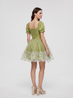 Sage Green Satin A-Line Scoop Neck Back Zip Short Dress with Ruffled Sleeves - Curvevia