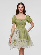 Sage Green Satin A-Line Scoop Neck Back Zip Short Dress with Ruffled Sleeves - Curvevia