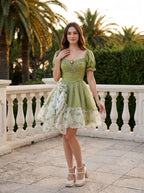 Sage Green Satin A-Line Scoop Neck Back Zip Short Dress with Ruffled Sleeves - Curvevia