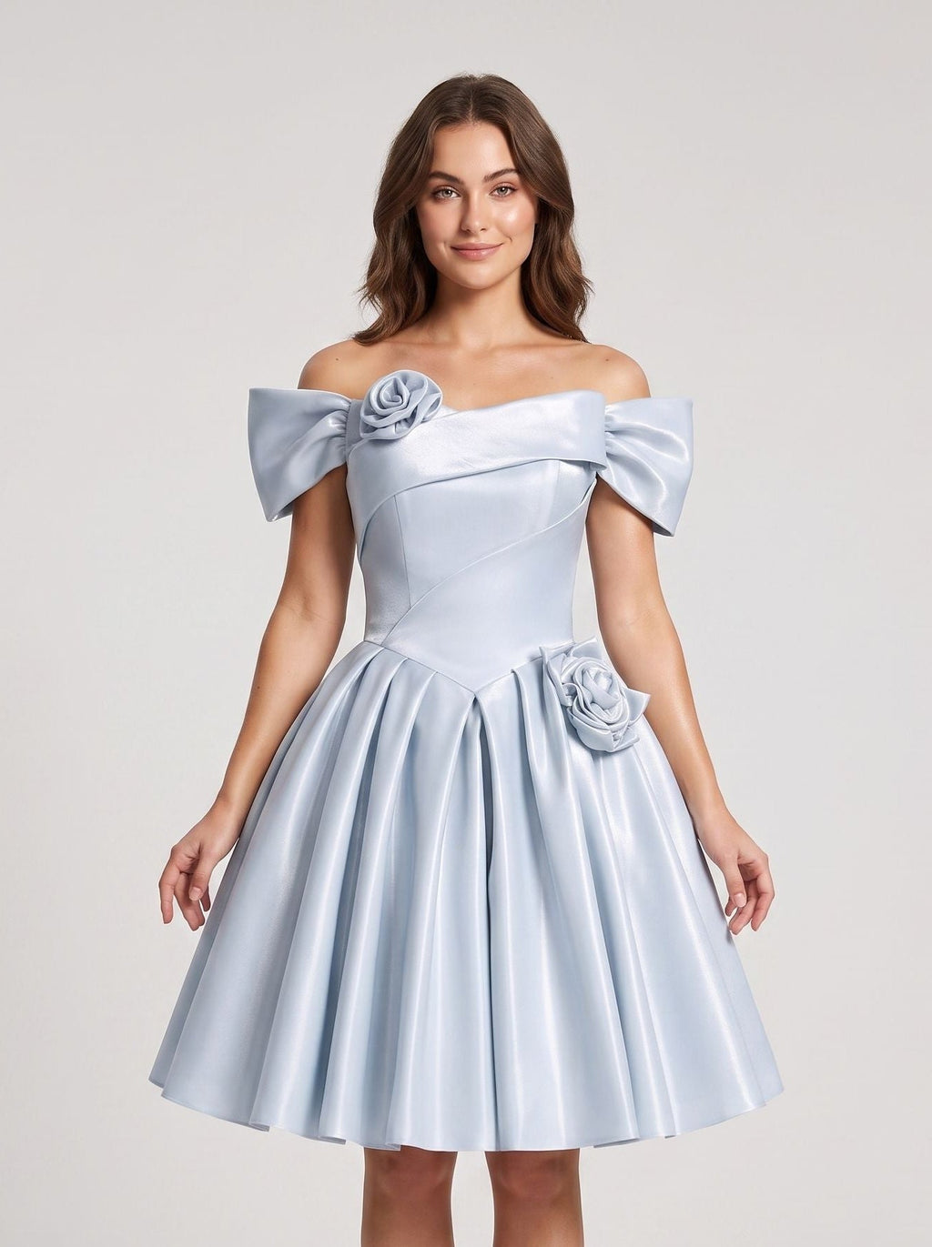 Mist Satin A-Line Off-the-Shoulder Criss-Cross Straps Short Dress with 3D Flower - Curvevia