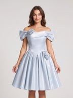 Mist Satin A-Line Off-the-Shoulder Criss-Cross Straps Short Dress with 3D Flower - Curvevia
