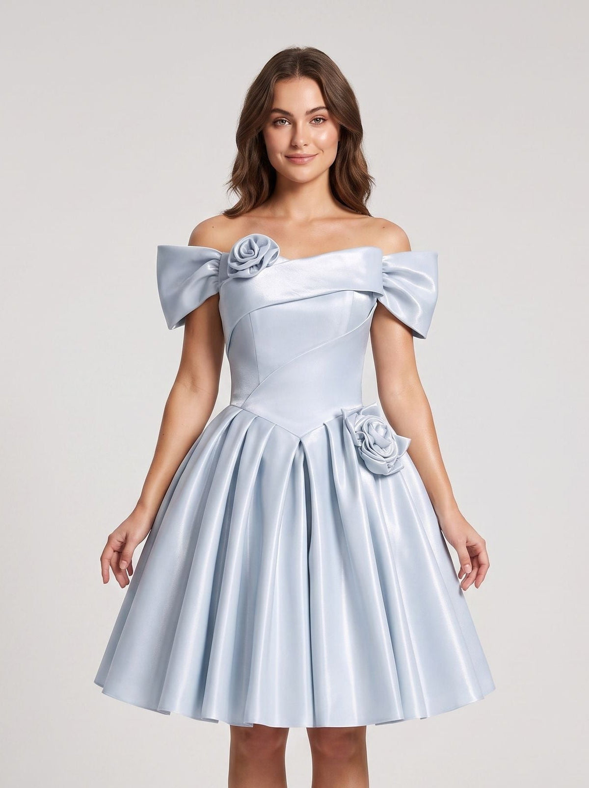 Mist Satin A-Line Off-the-Shoulder Criss-Cross Straps Short Dress with 3D Flower - Curvevia